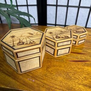 Vintage Bamboo and Rattan Trinket Box Hexagonal Nesting Boxes